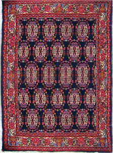 Kurdish Bidjar rug with red border and medallions on a blue background